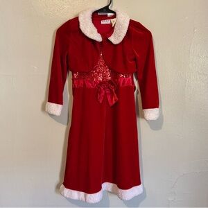 Blueberi Boulevard Sparkling Red Sequin Christmas Dress White Faux Fur Satin Bow